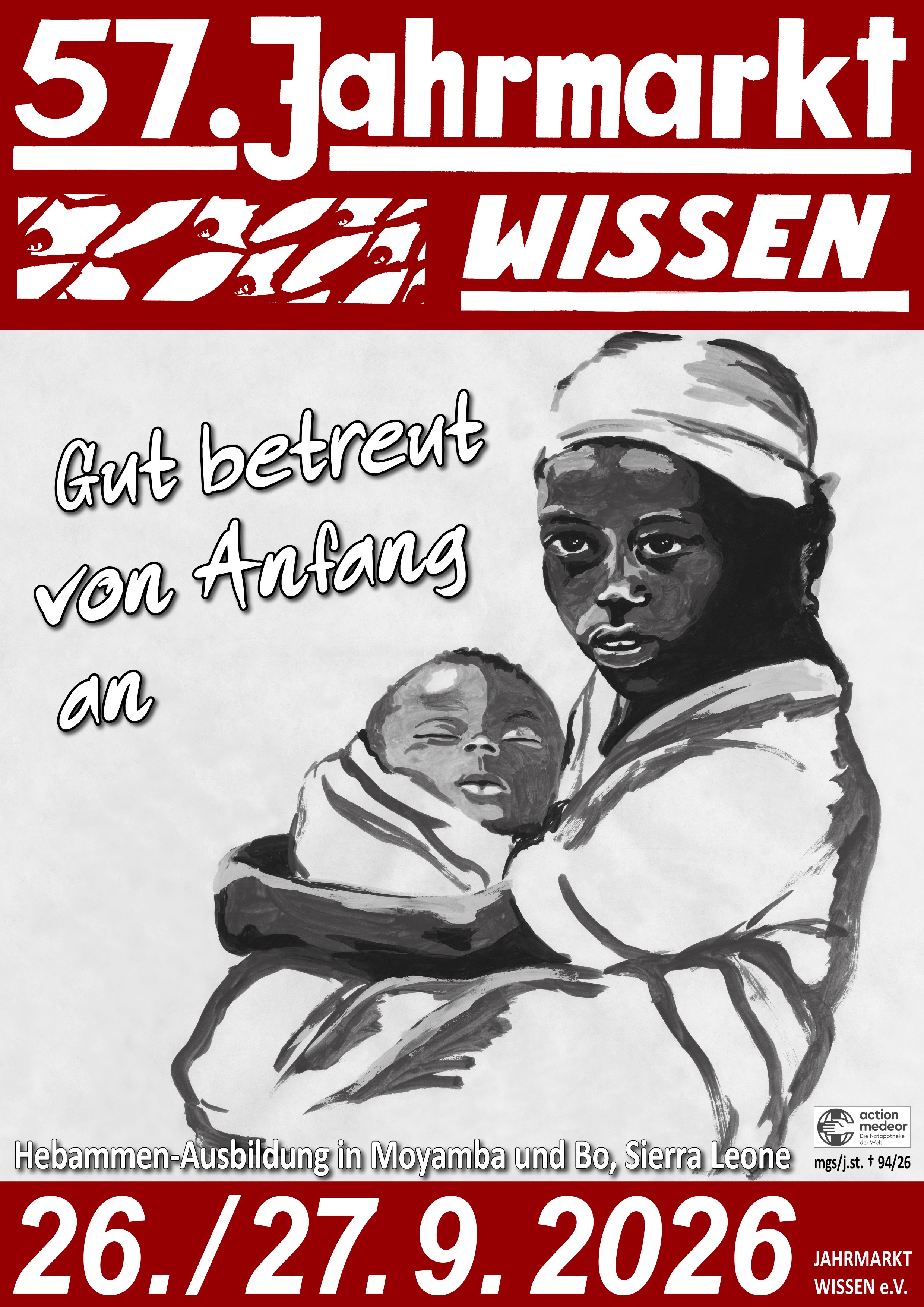 Ein Plakat mit einer Zeichnung einer Mutter, die ihr Baby in den Armen hält.
